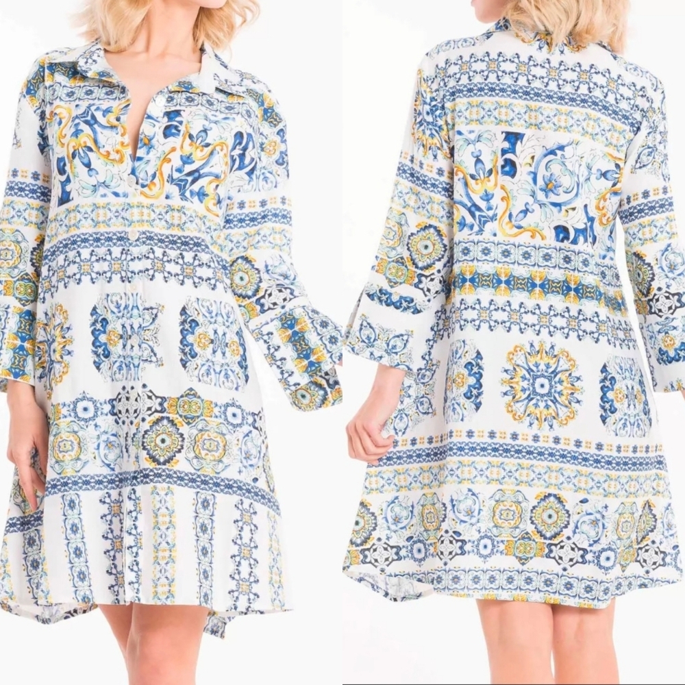 RARE NWT Iconique ITALY MADE  Linen Blend Porcelain Shirt Dress Size M Fit Flare